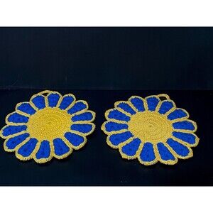 Vintage Crochet Flower Trivets | Blue Yellow Potholders